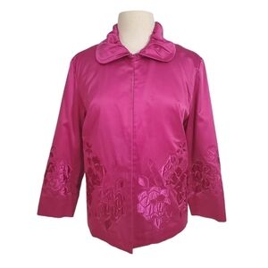 Chico's Fuscia Pink Satin Asian Inspired Floral Embroidered Blazer Jacket